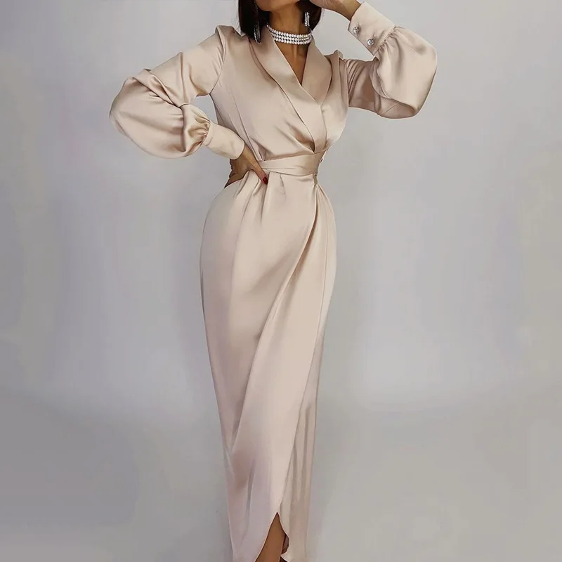 

Dresses for Women 2022 Fashion Lapel Elegant Commuter Long Sleeve Solid Lace Up Dress Gown Vestidos