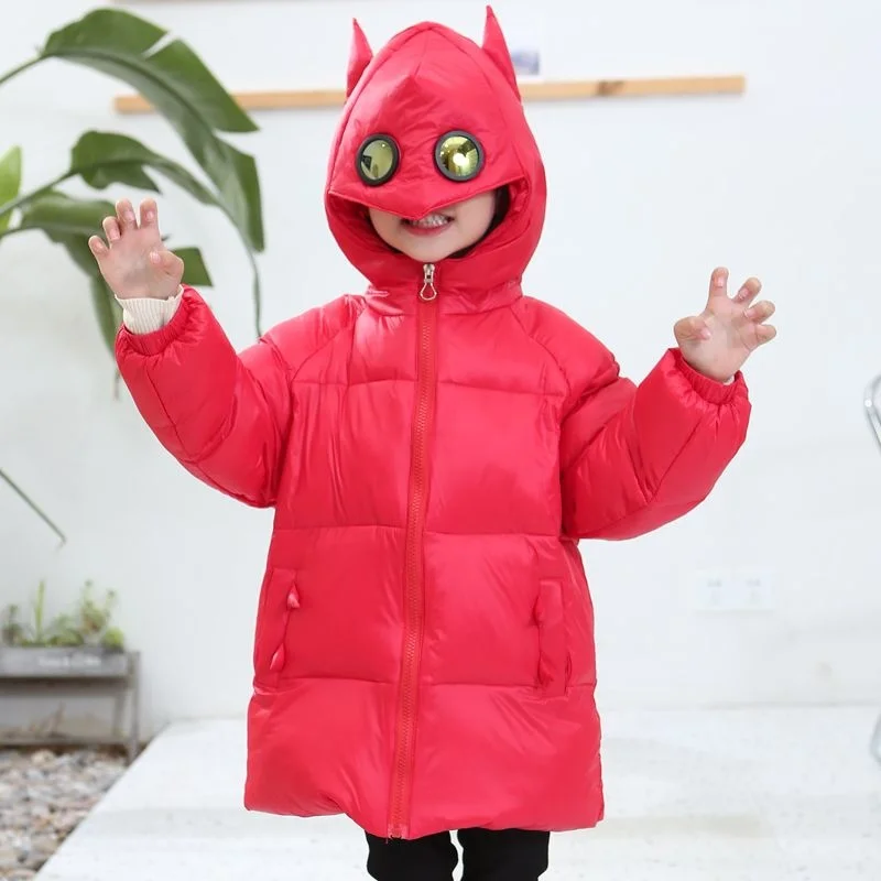 

Winter Children's White Down Jacket Unisex Boys' And Girls' Hooded Eyes Horn Decorate Fashion Thickened Loose Solid Warm Parka