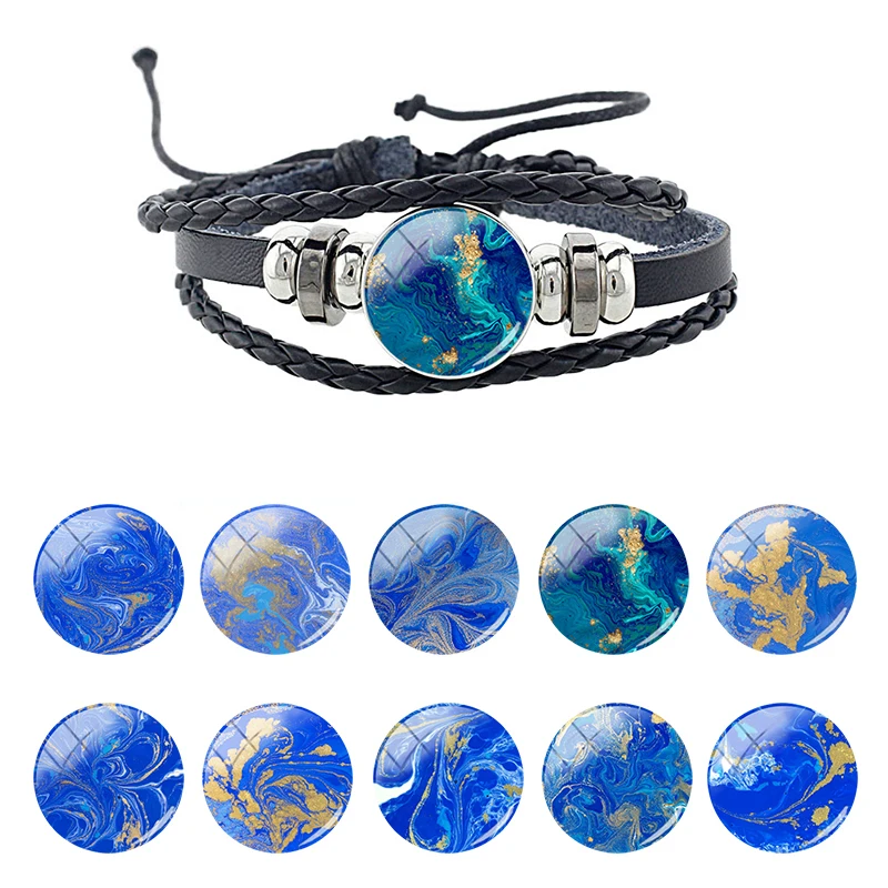 

JWEIJIAO Black Leather Bracelet Green Blue Glass Cabochon Dome Charm Multilayer Braided Rope Creative Design Gift Jewelry FHW840