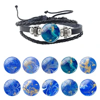 jweijiao black leather bracelet green blue glass cabochon dome charm multilayer braided rope creative design gift jewelry fhw840