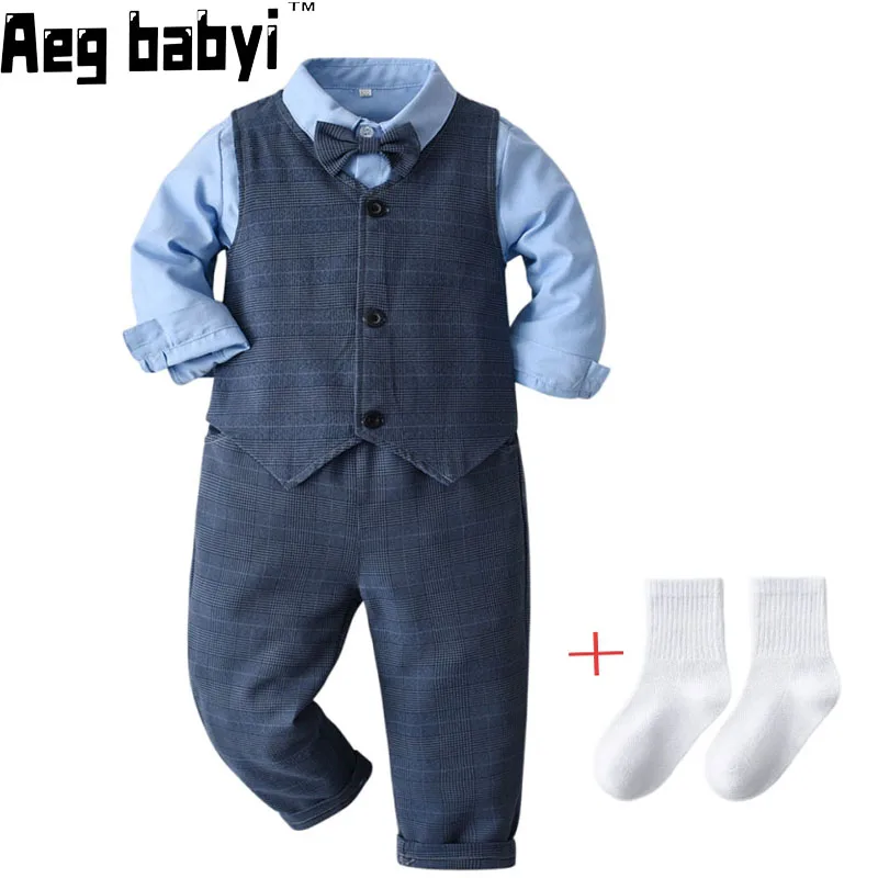 

Комплект одежды для маленьких мальчиков, Осеннее официальное джентльменское платье с длинным рукавом и бантом, рубашка, жилет и брюки, 4 шт., детское платье для дня рождения, отправляемые носки