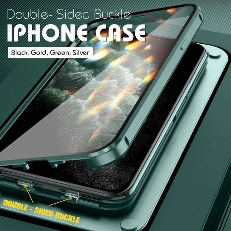 

Double-Sided Buckle Shockproof Phone Case For iPhone 11 12 Pro Max 12Mini XS XR X Glass Full Lens Protection Transparent Cover