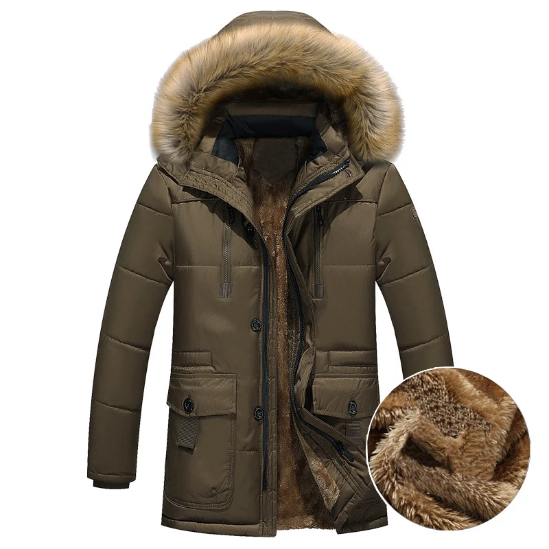 Thick Warm Parka Men Fleece Fur Hood Men Winter Jacket Coat Military Cargo Medium-long Mens Overcoat