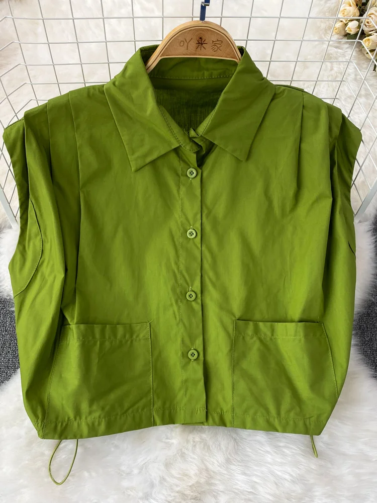 

Женская рубашка без рукавов, однобортная блузка с карманами на завязках, однотонный топ, Новинка лета 2023, трендовые блузы, Топ H221