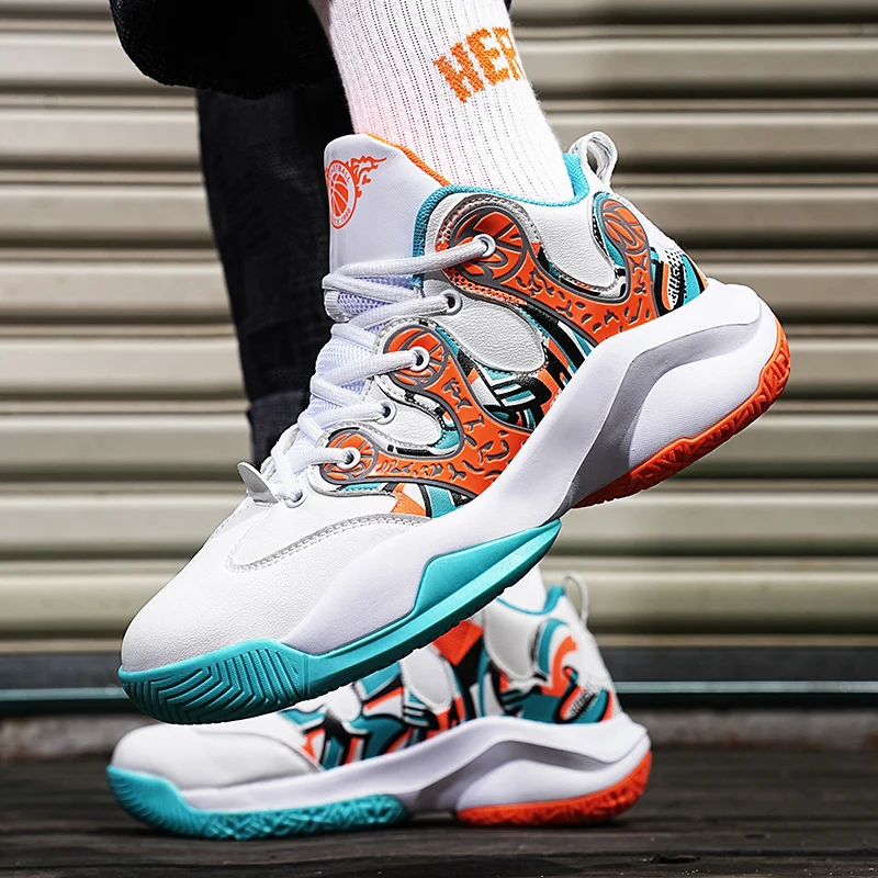 New Printed Basketball Shoes Men Teenagers Basketball Sneakers Breathable Cushioning Training Athletic Sneakers Men Sports Shoes