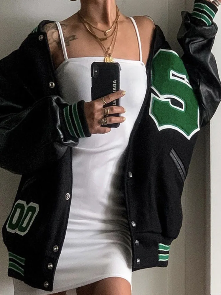 

Autumn Bomber Jacket Women Baseball Uniform Casual Panelled Button Streetwear Female 2022 Hip Hop Loose Ladies Retro Coat Tops