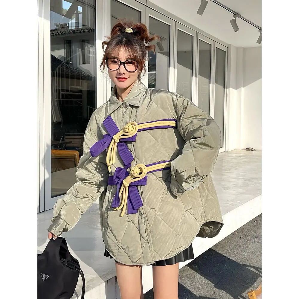 

Bow Lingge Cotton-padded Jacket New Women Ins Autumn Winter Retro Cotton Coat Long Sleeve Warm Jaqueta Feminina Inverno H724
