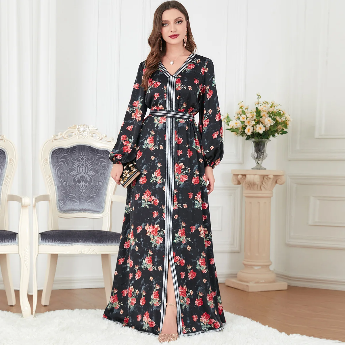 

Wepbel Loose Abaya Muslim Dress Women V-neck Printed Long Sleeve Dress Robe Islamic Clothing Caftan Ramadan Eid Party Dress