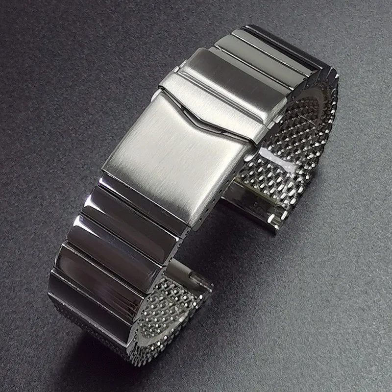 

Heavy Thicken Stainless Steel Watch Band 20mm 22mm Silver Mesh Solid Metal Strap Men Double Press Folding Buckle Bracelet Link