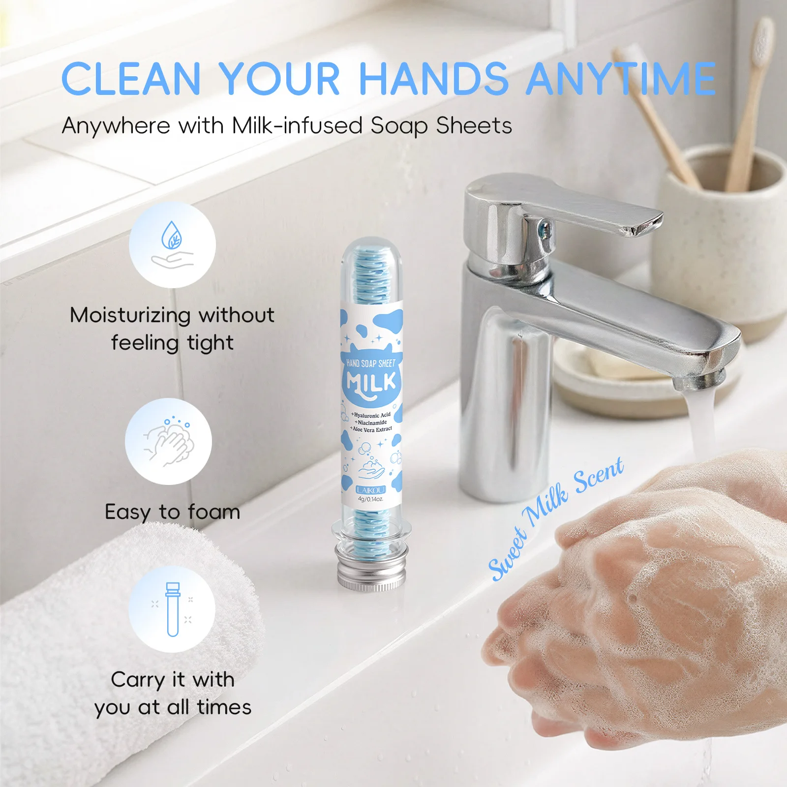Фото Портативные мыльные таблетки LAIKOU 4 г, дезинфицирующее средство для рук в виде молочной бумаги, пенящиеся мыльные таблетки для мытья рук в дороге, увлажняющие. №3