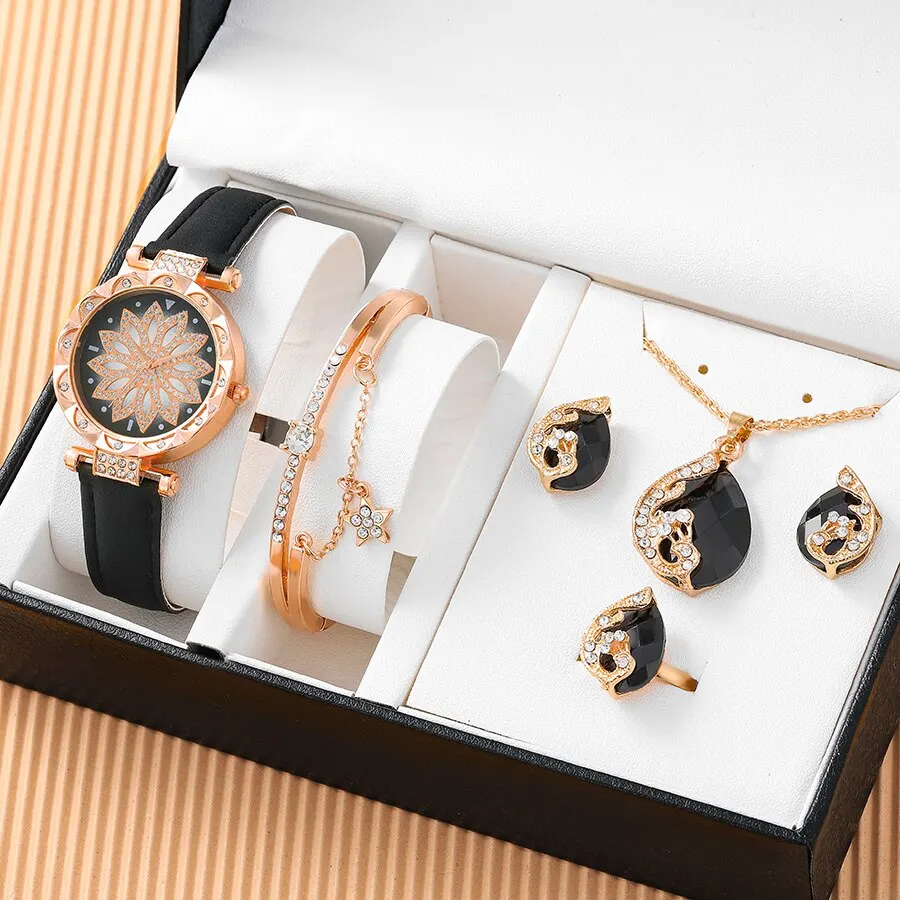Montres femmes Women Business Fashion Casual Round Pointer Quartz Watches Necklace Bracelet Earrings Ring Set 5pcs tendance 2023