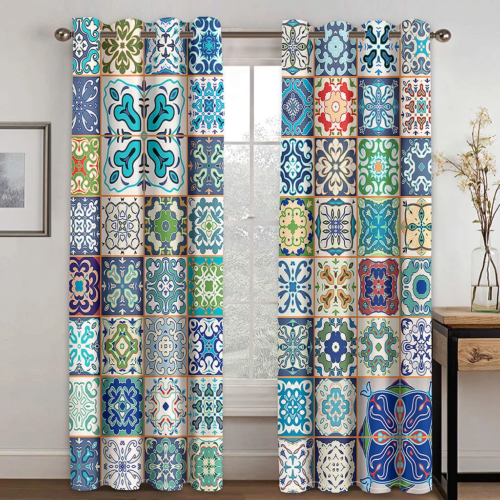 Vintage Moroccan Tile Pattern Curtains 2 Panels Boho Mediterranean Style Window Drapes Living Room Bedroom Home Decor