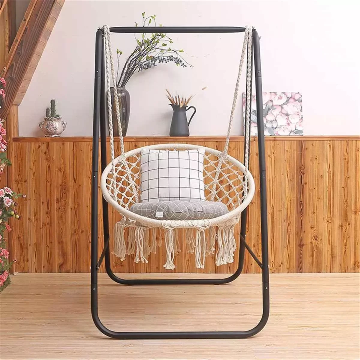 

100KG Hanging Hammock Swing Cotton Rope Chair Iron Stand Indoor Camping Outdoor Furniture Patio Garden Hammocks Rack Set