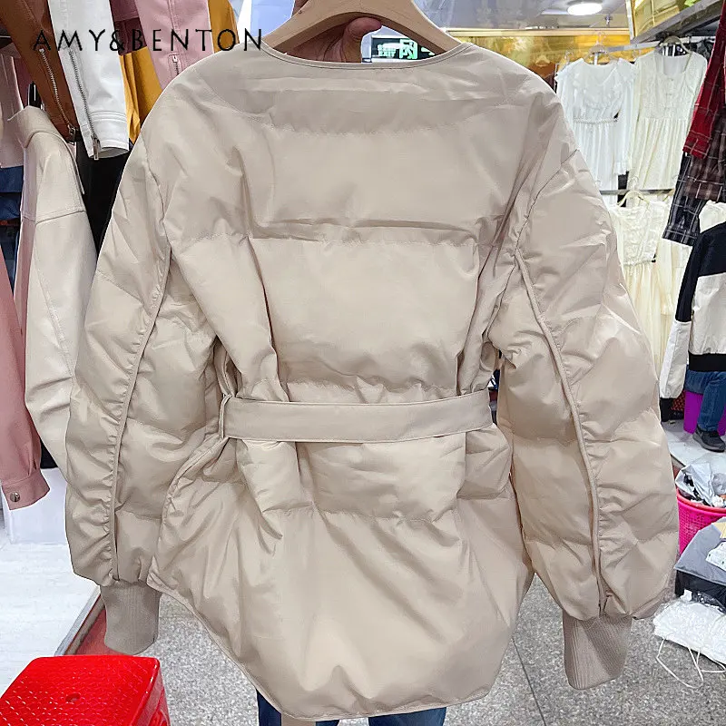 Design Sense Short Cotton Jacket for Women Cotton-Padded Clothes V-neck Belt Waist Trimming Coat Cotton-Padded Down Jacket