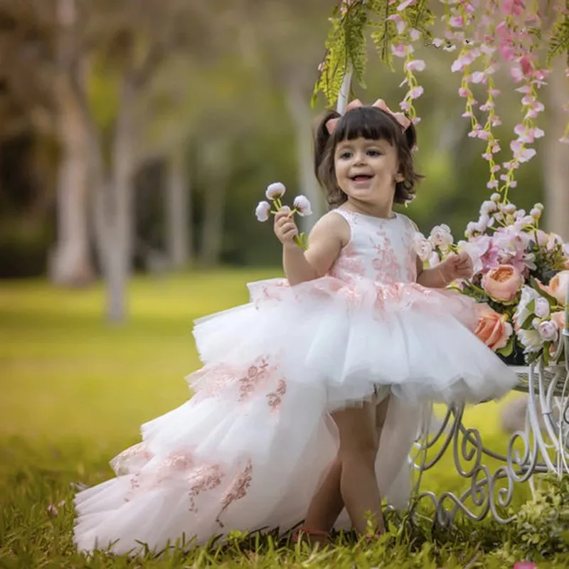 

Elegant Pink Lace Tiered Flower Girl Dress For Wedding Puffy Baby First Communion Princess Gown HIgh-Low Backless Kid Bridesmaid
