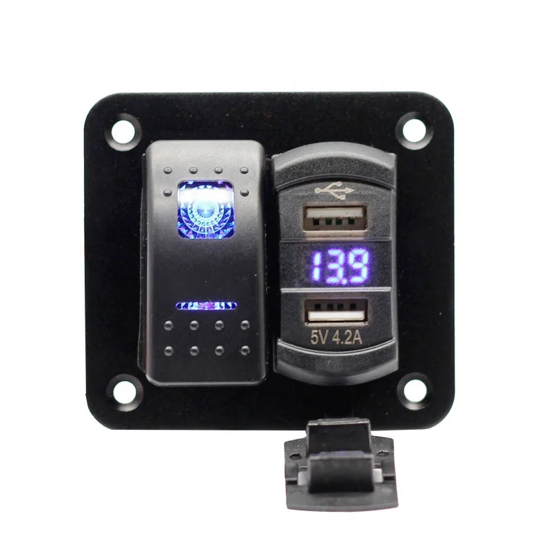 

2 Gang Rocker Switch Panel with 4.2 Amp Dual USB Charger Voltmeter Waterproof 12V 24V DC Rocker Switch with Night Glow Stickers