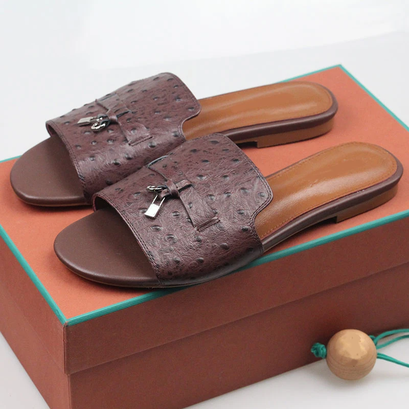 Summer New Women's Leather Slippers Pure Color LP Slippers Leisure Walk Slipper Ostrich Leather Brand Slippers  Size 34-46