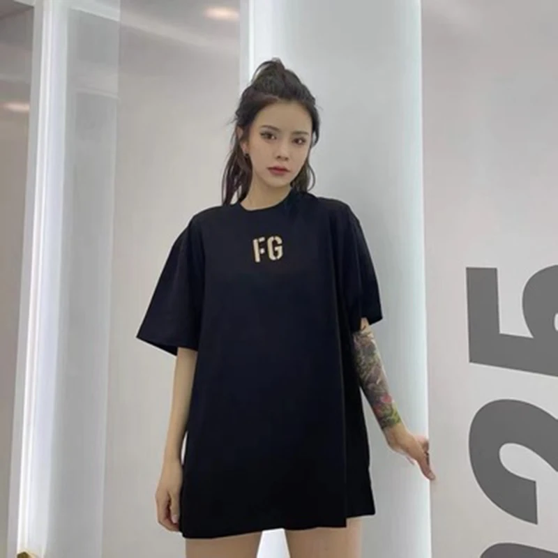 

FG oversized men's T-shirt flocked loose women's T-shirt hip hop cotton short sleeve Unisex Street casual Pullover