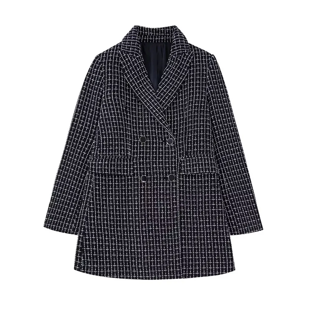 

Женский твидовый двубортный Блейзер, винтажный пиджак с длинным рукавом и карманами с откидной крышкой, верхняя одежда, шикарная женская ве...