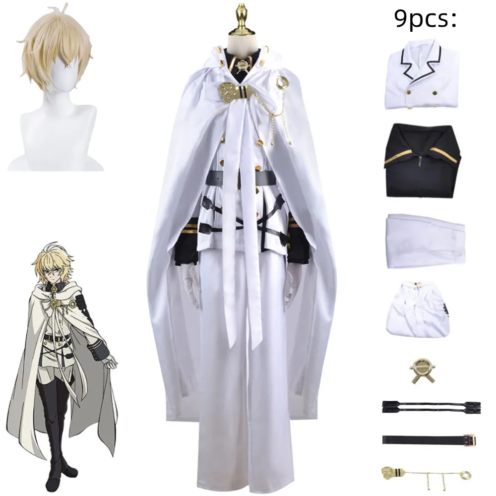 

Anime Seraph Of The End Mikaela Hyakuya Cosplay Costume Belt Loose Coat Glove Cloak Accessorie Wig Trousers Man Woman Adult Suit