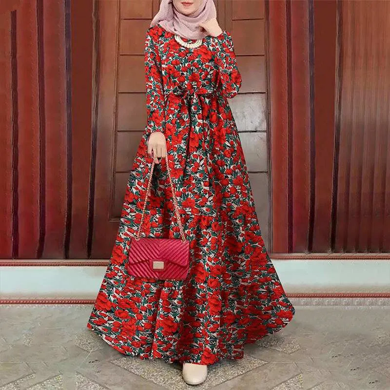 Morocco Catanf Dubai Turkish Abaya Hijab Dress Vintage Long Dress Women Muslim Dress Printed Sun Dress Long Sleeve Robe Belt