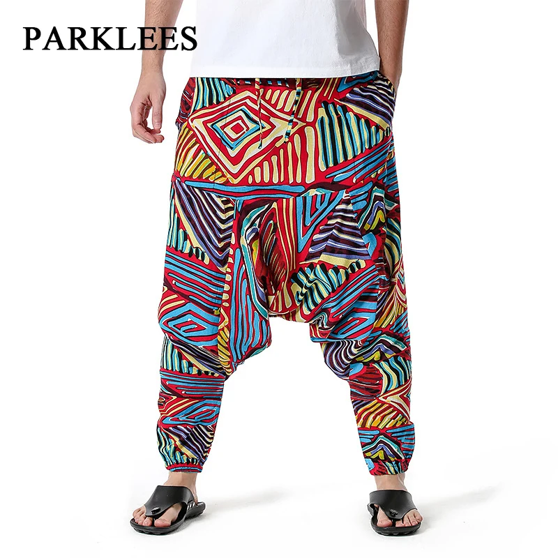 

Parklees Mens Baggy Boho Yoga Harem Pants Hipster Genie Geometric Print Drop Crotch Pants Hip Hop Hippie Cotton Linen Pants Male