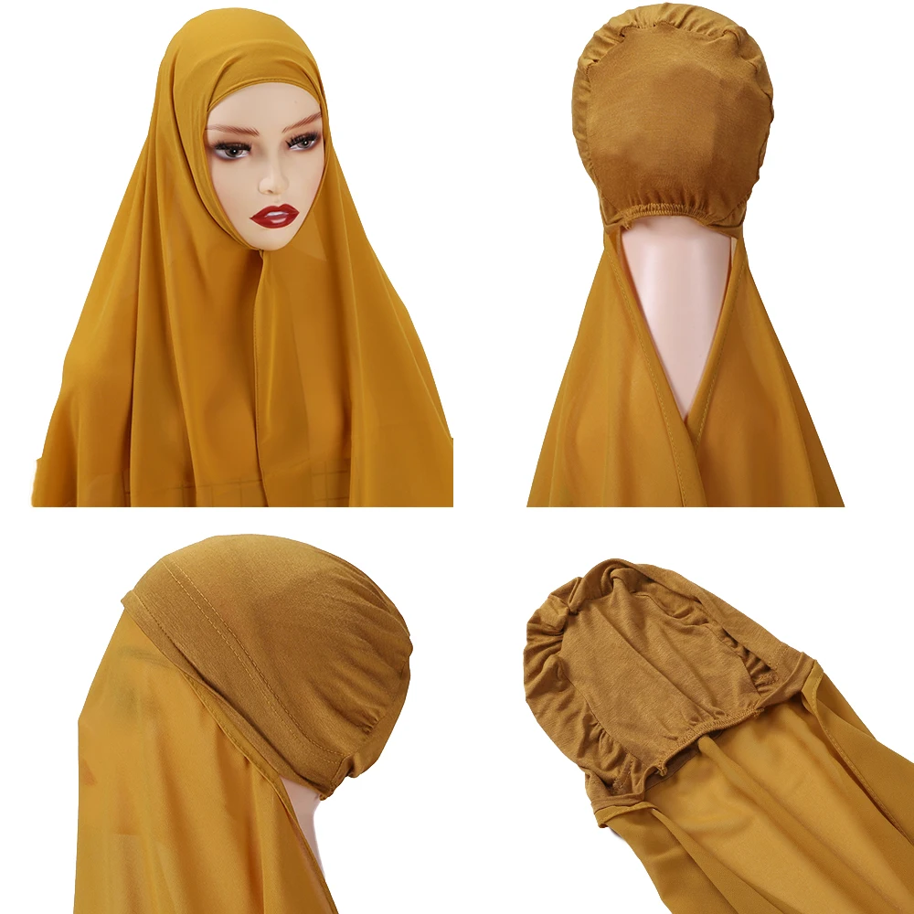 

175X72CM Premium Chiffon Hijab Scarf With Undercap Attached Women Muslim Instant Headwrap Jersey Inner Bonnet ALL-IN-ONE Set