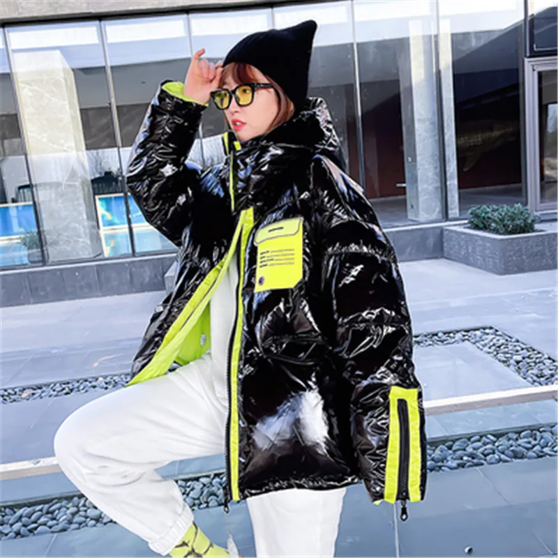 

Winter Thicken Glossy down Jacket Women's Street Clothing Short Korean Loose 90% White duck down Coat Hooded Warm Parka Outwear