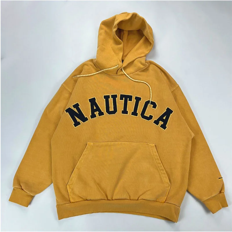 

JAPAN 23SS Chest NAUTICA Embroidery Dilapidated Washing Drawstring Hooded Pocket Men's And Women's Loose Hoodies