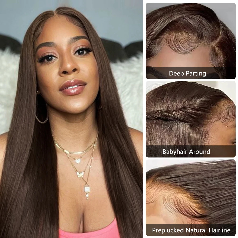 HANNE Dark Brown Straight Human Hair Lace Frontal Wig For Women Brazilian 13x4 Lace Frontal Human Hair Wig Glueless Preplucked