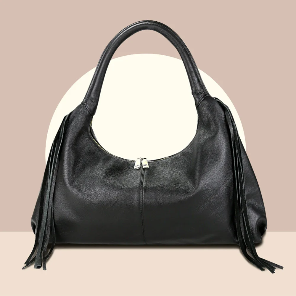 

New 50CM Oversized Women Leather Handbag Halfmoon Bags Luxury Lady Saddle Shoulder Tassel Causal Tote Black 2023 New