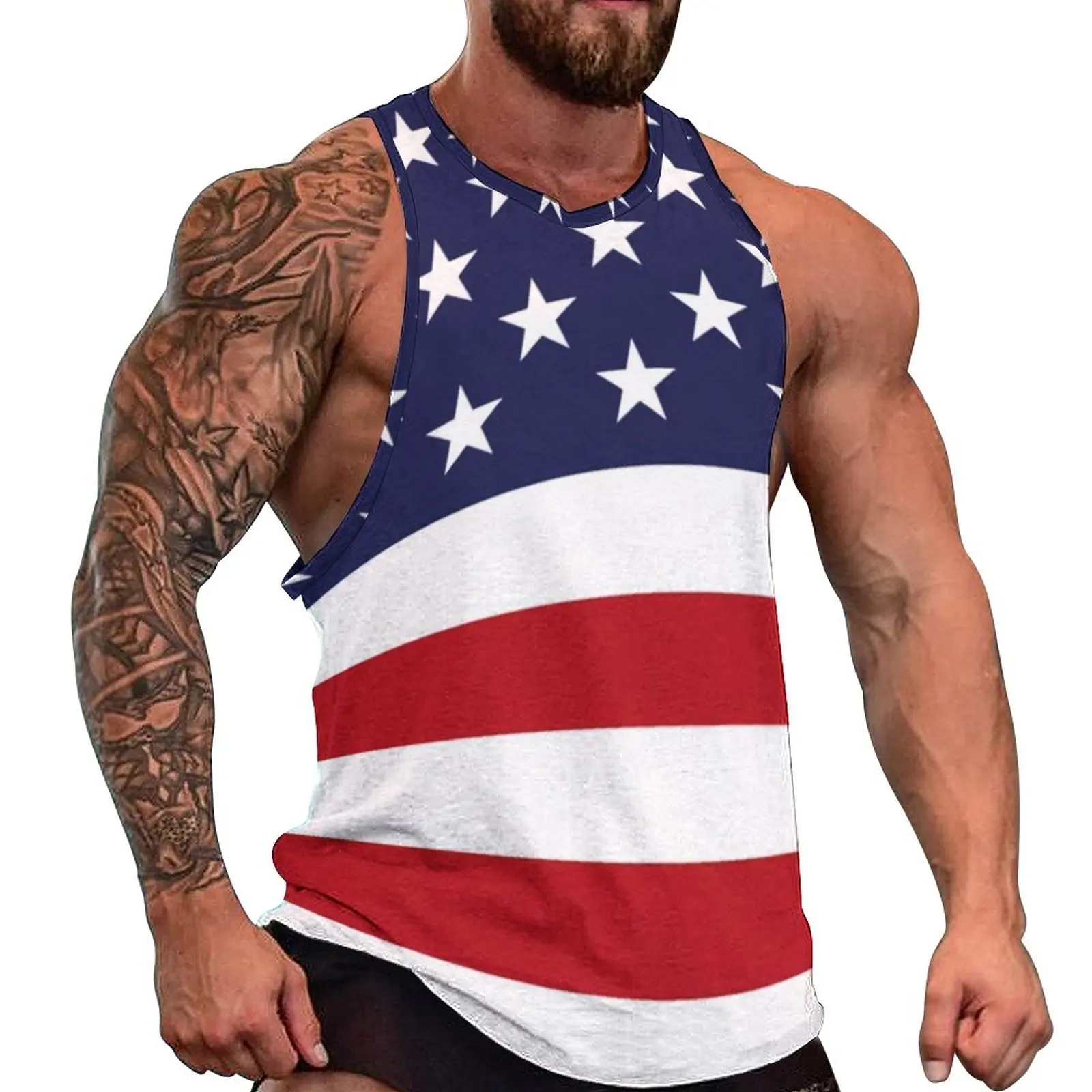

USA Flag Print Tank Top Men American Stars And Stripes Bodybuilding Oversized Tops Beach Muscle Custom Sleeveless Shirts