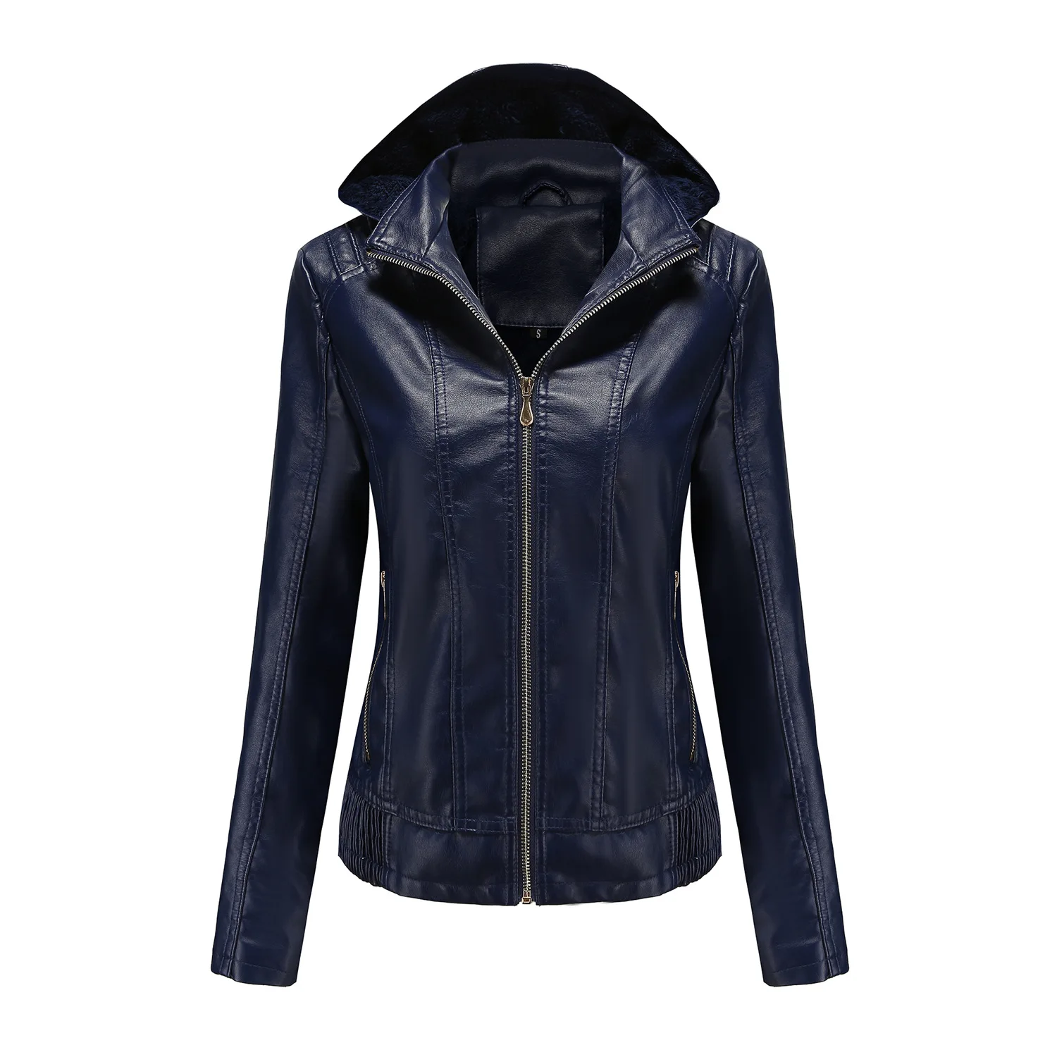 Autumn and winter hooded leather jacket women's detachable hat zipper long sleeve plush leather jacket fitted warm coat