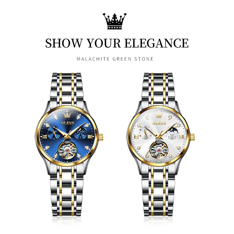 OLEVS Fashion Moon Phase Tourbillon Women Watch Luxury Brand Stainless Steel Automatic Mechanical Watch Waterproof Reloj Mujer enlarge