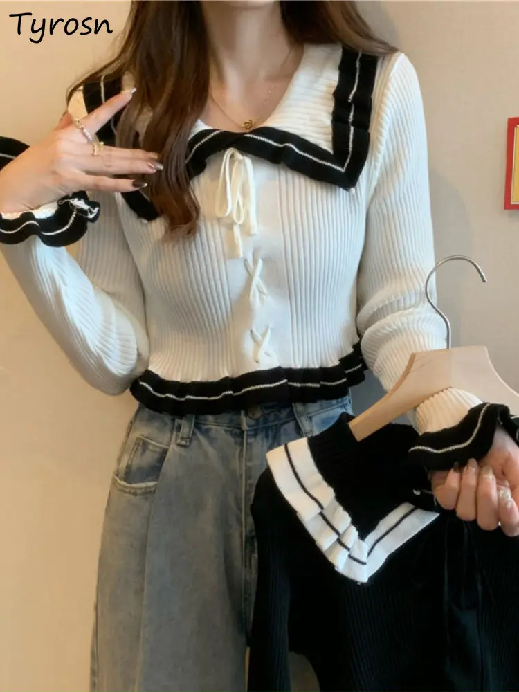 

T-shirts Women Knitting Fashion Spring Design Ruffles Cozy Elegant Casual Simple All-match Patchwork Korean Style Sweet Ladies