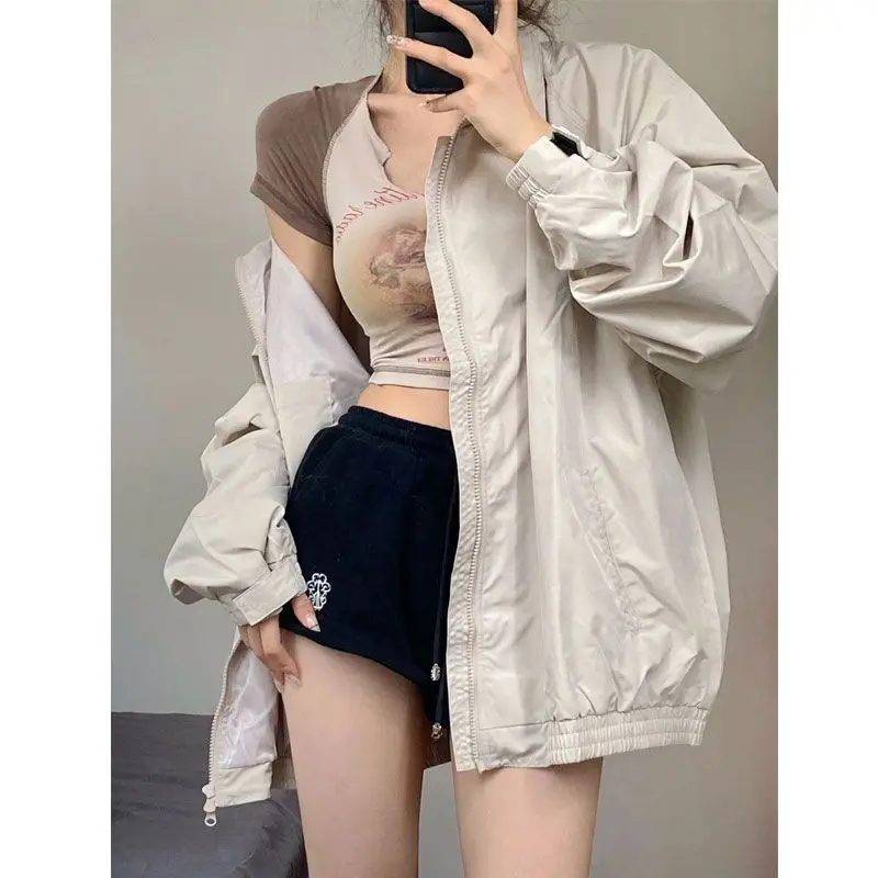 

Y2K Gray Windbreaker Jacket Women Korean fashion oversized basic zipper coat women street clothing Harajuku vintage coat