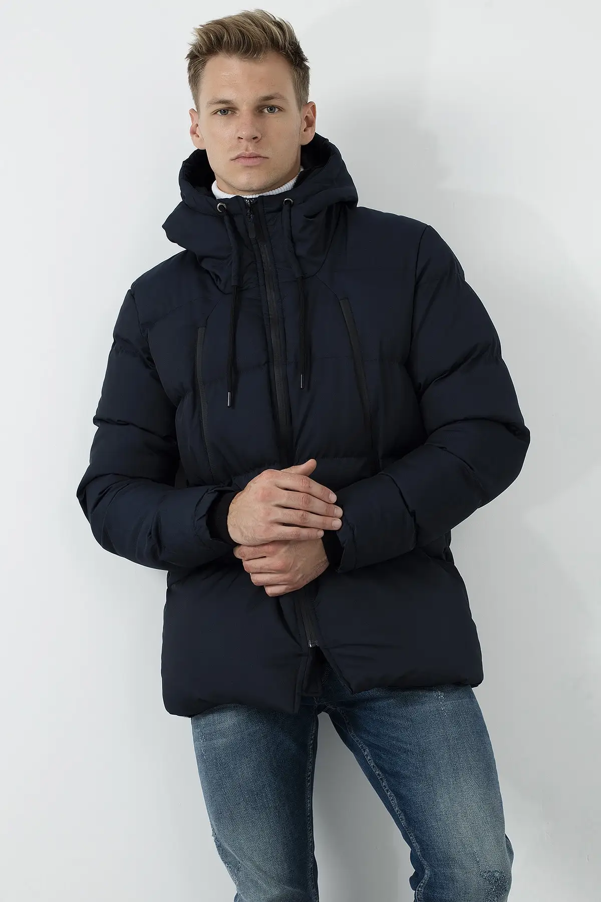 Zipper Closure Slim Fit Hooded Stand Up Collar Men's Jacket 5717101