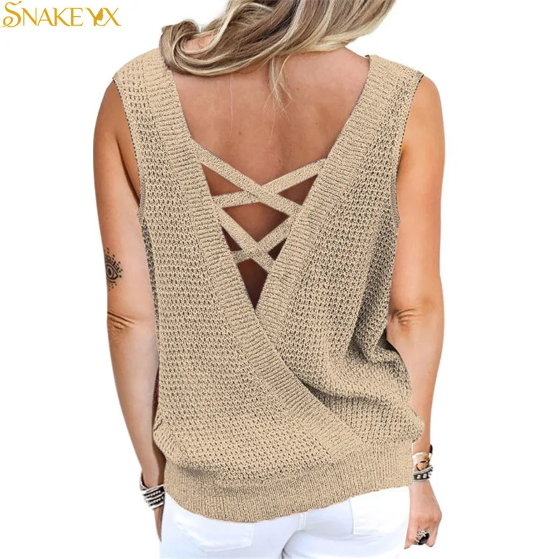 

SNAKE YX 2022 New European Women's Waffle Deep V-neck Backless Vest T-shirt Top Knitted Sweater