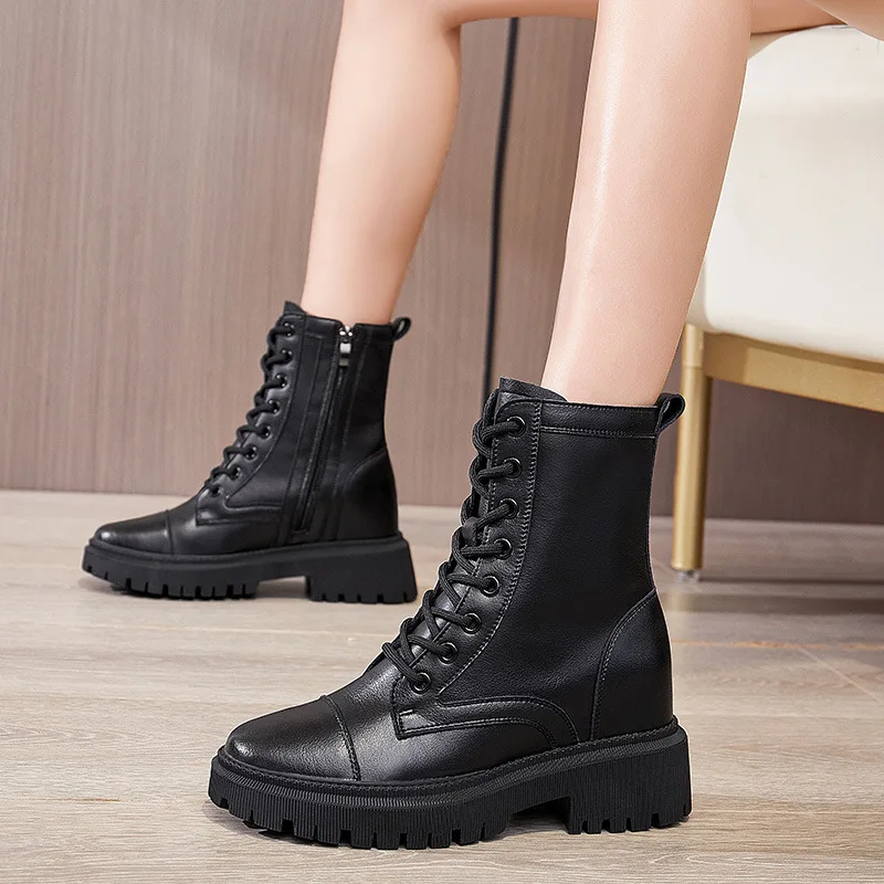 

Women Boots 2022 New Platform Black Chunky Booties Round Toe Lace-up British Style Ladies Ankle Boots Zapatos De Mujer