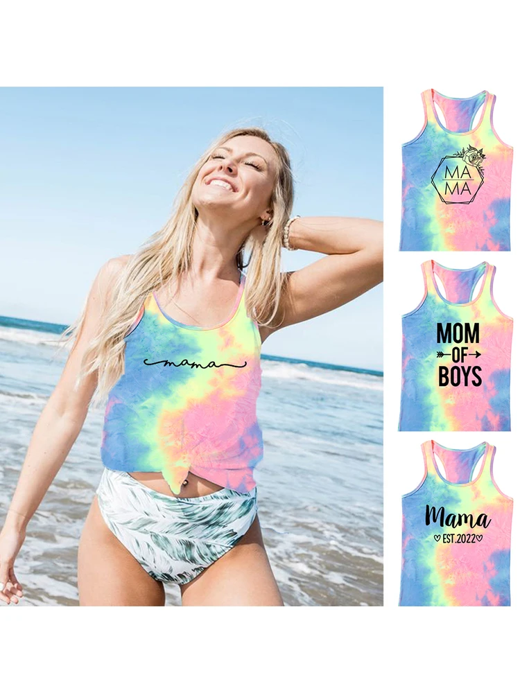 

Mama Est 2022 Square Flowers Women Tie Dye Tanks Tops Gym Tank Top Summer Travel Holiday Vest Aesthetic Mom Life Harajuku Tees