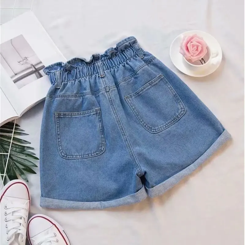 2023 Summer Black Women's Denim Shorts Pocket White Blue Harem Ruffle Elastic High Waisted Short Jeans for Women Plus Size 5XL