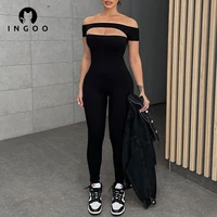 ingoo hollow out sexy jumpsuits for women streetwear short sleeve sporty jumpsuit off shoulder backless black tight y2k clothing
