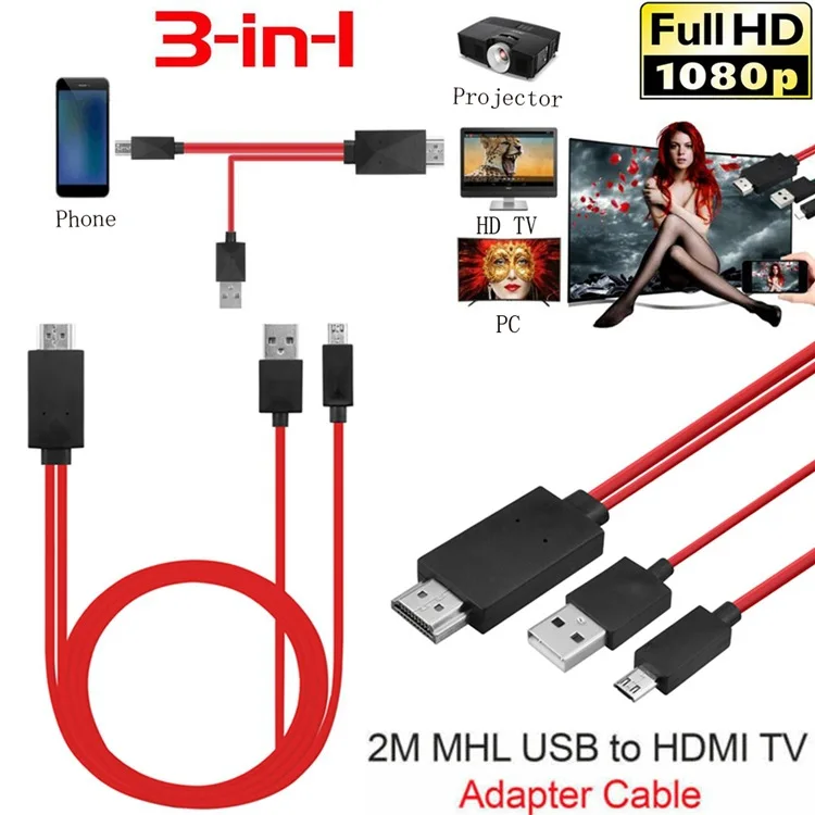 

2m Micro USB To HDMI-compatible Cable 1080P MHL HDTV Cable Adapter Converter For Samsung Huawei Sony HTC LG Smrt Phone