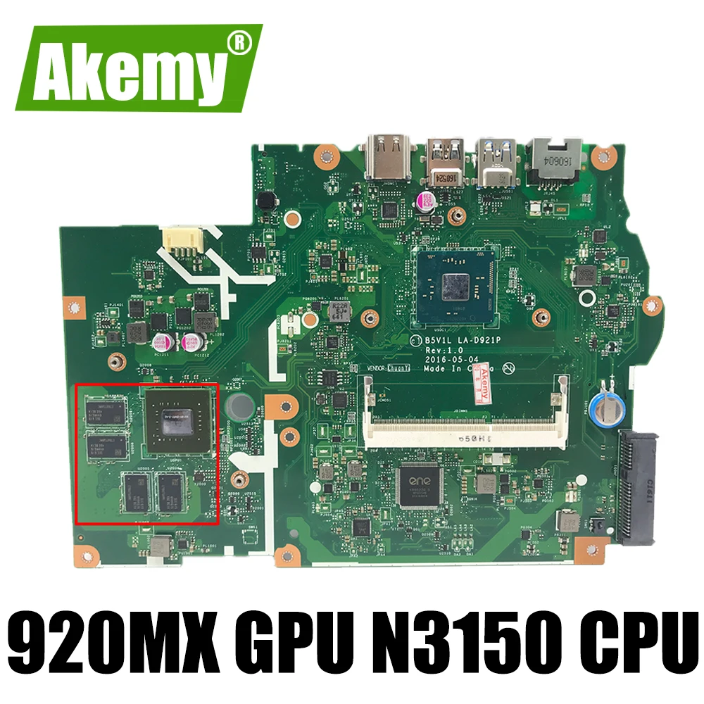 

NEW NBGHC11001 NB.GHC11.001 B5V1L LA-D921P For ACER aspire ES1-532 laptop motherboard 920MX GPU N3150 CPU
