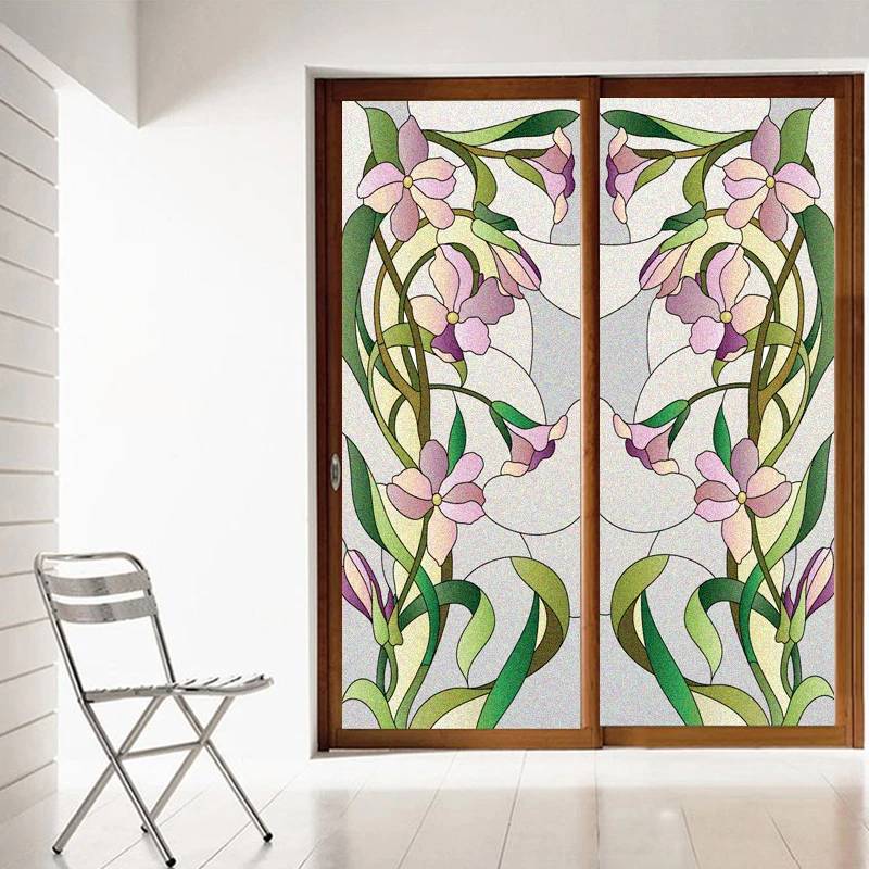 

Green Plant Flowers Glue-free Decorative Glass Covering Static Cling Tint Frosted Window Stickers for Home