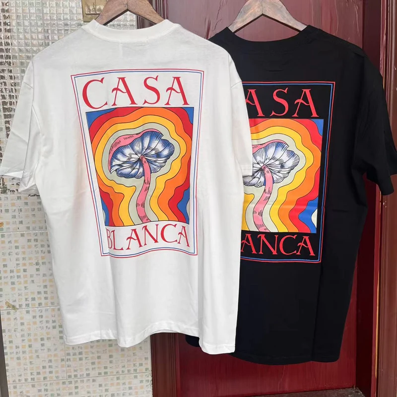 

New Style Hip Hop Real Photos CASABLANCA T-shirts Rainbow Mushroom Letter Print Tops 3XL Cotton Loose T Shirt For Men Women