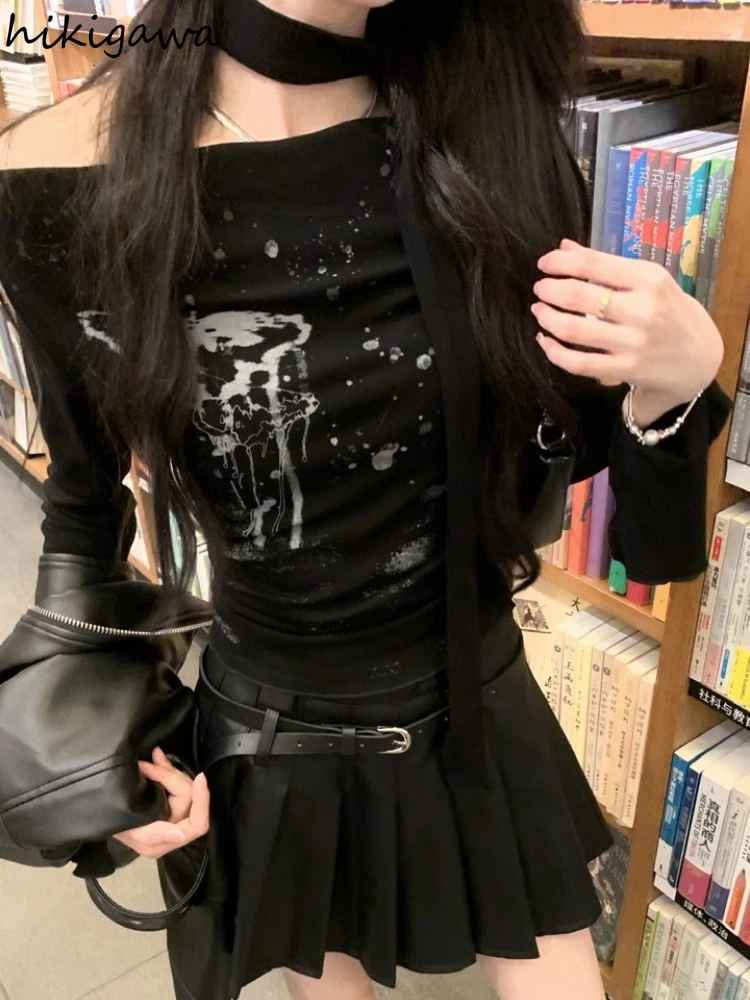 Фото Женская футболка Harajuku с длинным рукавом и разрезом на шее, черные повседневные футболки, укороченные топы, Ropa Mujer, модные корейские сексуальные футболки с принтом Y2k №4