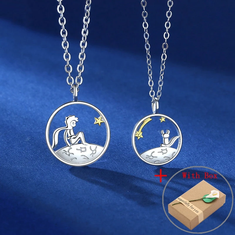 Silvology Real 925 Sterling Silver Little Prince and The Fox Couple Pendant Necklace for Women Men Creative Jewelry Dropshipping