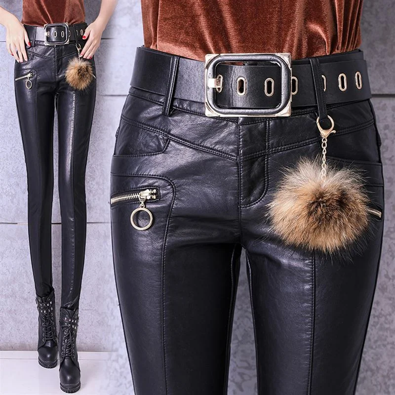 

Women PU Leather Pants 2023 New Autumn High Waist Pants Faux Leather Skinny Pencil Pant Sashes pockets Tight Trousers Black P513