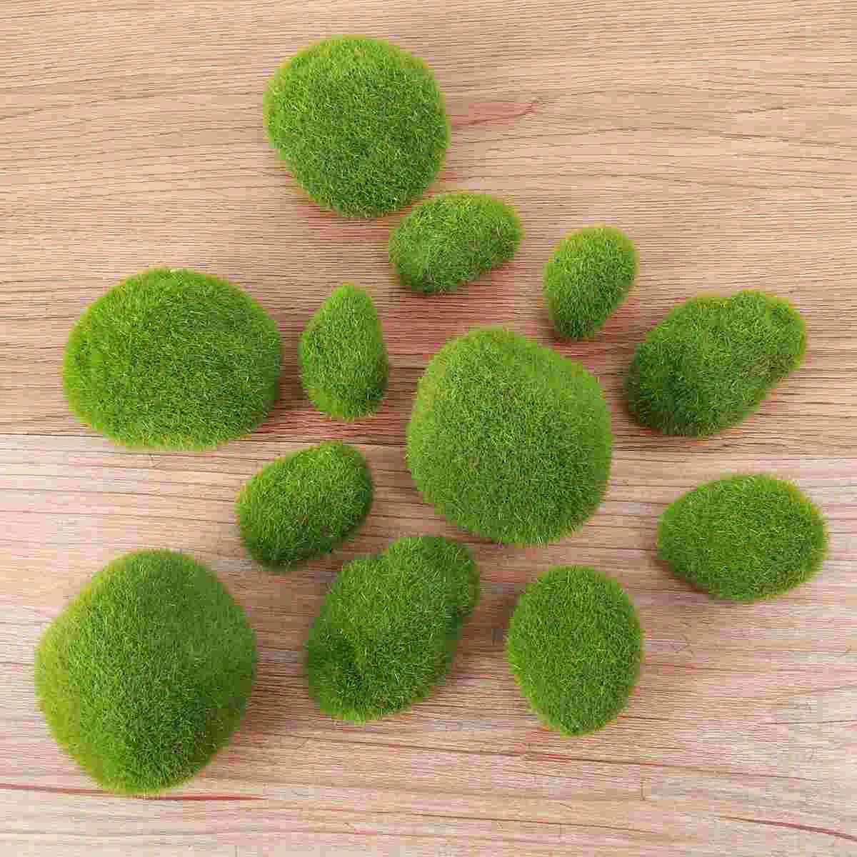 

12 Pcs Covered Stones Green Decor Decorative Flocking Glass Containers Moss Ball Terrarium Decorations